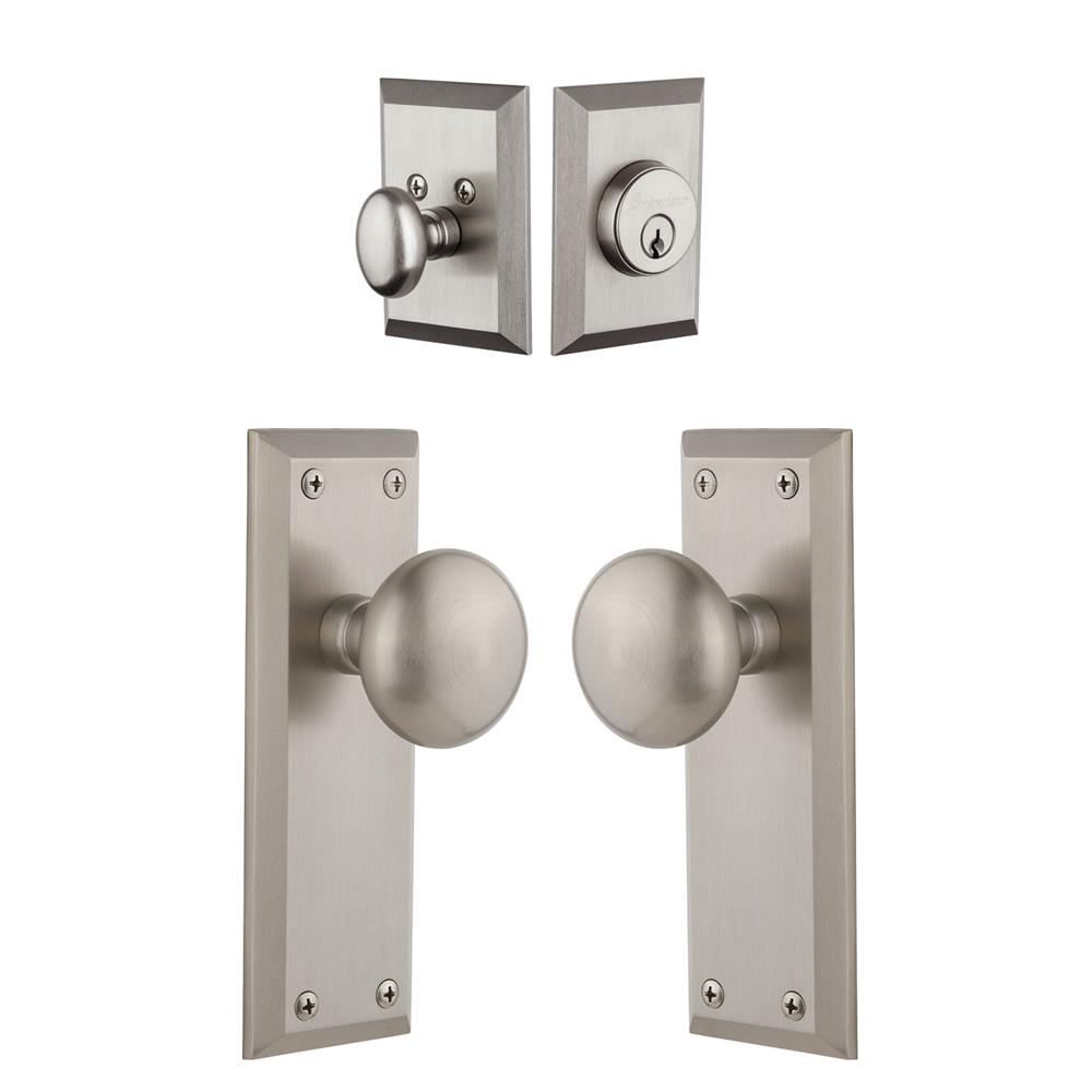 Grandeur by Nostalgic Warehouse Single Cylinder Combo Pack Keyed Differently - Fifth Avenue Plate with Fifth Avenue Knob and Matching Deadbolt in Satin Nickel
